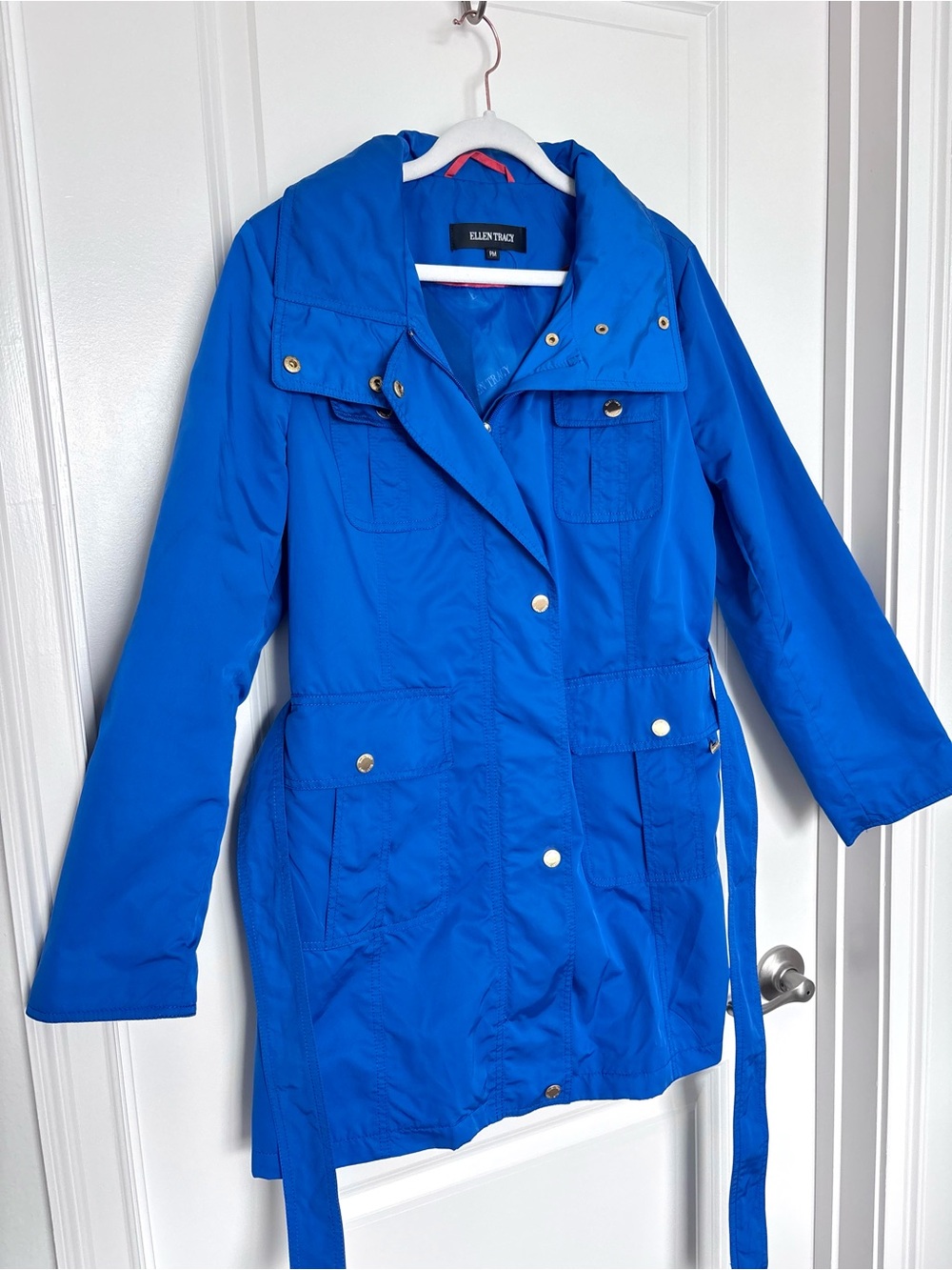 Ellen Tracy Cobalt Blue Hooded Belted Rain Jacket Petite Medium Waterproof Coat